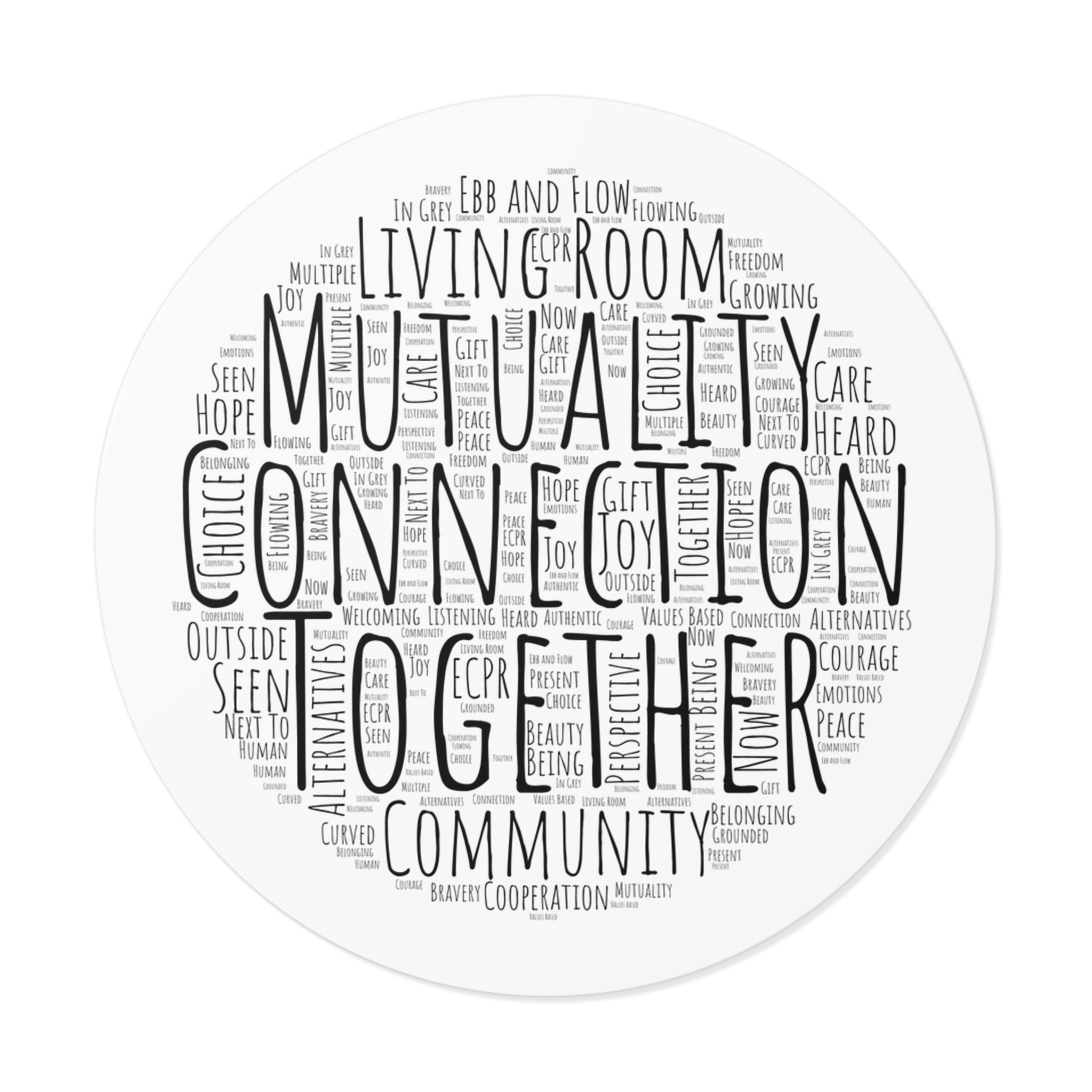 Round Sticker — "Connection Is Prevention" Word-Cloud