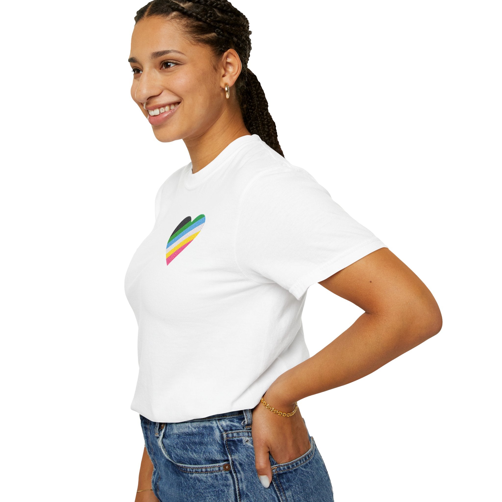 Disability Pride Heart T-Shirt | Rainbow Striped Heart Tee
