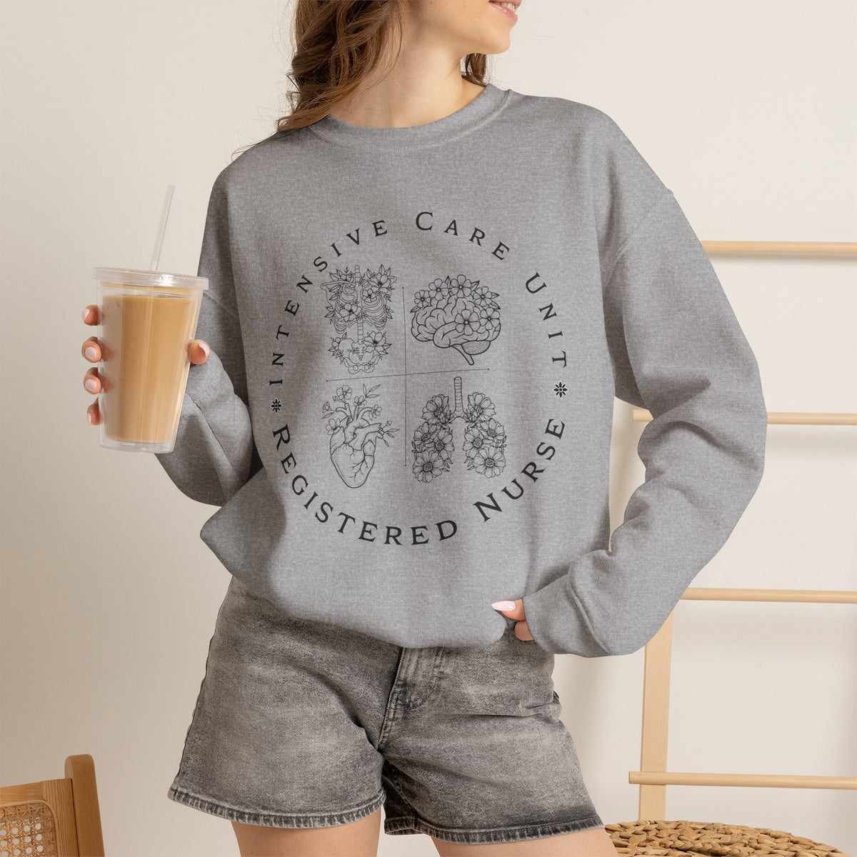 Registered Nurse Crewneck Sweatshirt – Intensive Care Unit Floral Badge